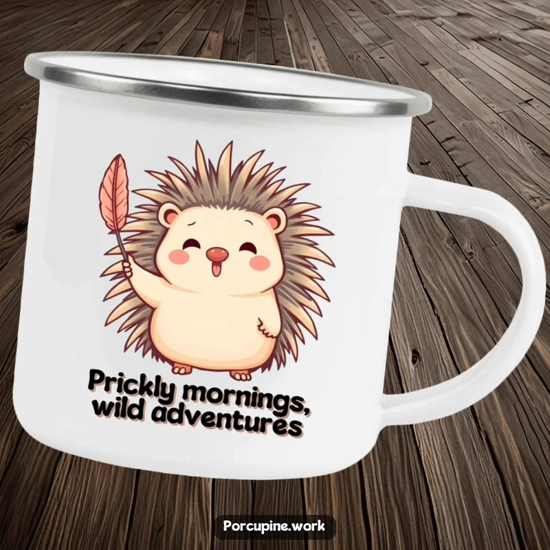 Funny Camping Mug featuring a cute porcupine enthusiastically waving its quill, designed for durability and outdoor fun.