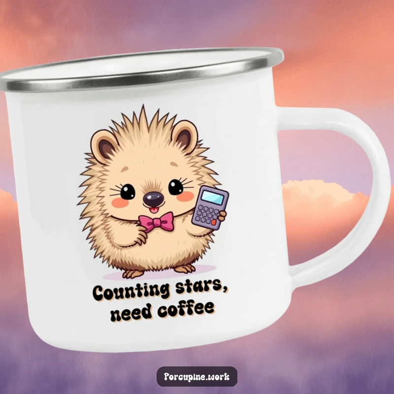 Funny smart porcupine camping mug showing a determined porcupine in a bowtie holding a calculator, for outdoor use.