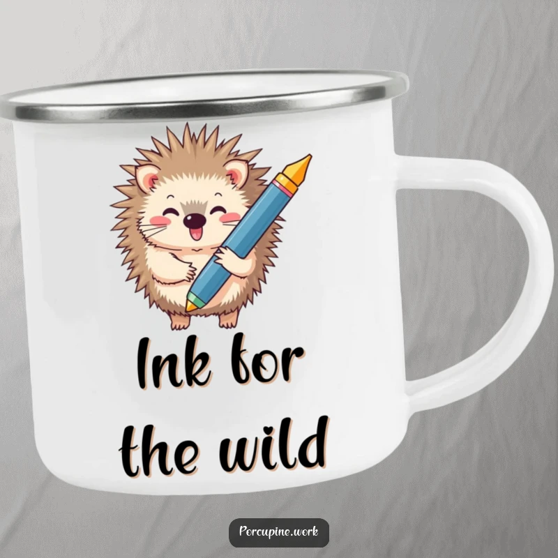 Funny camping mug featuring a smiling porcupine holding an enormous pen, perfect for outdoor enthusiasts.
