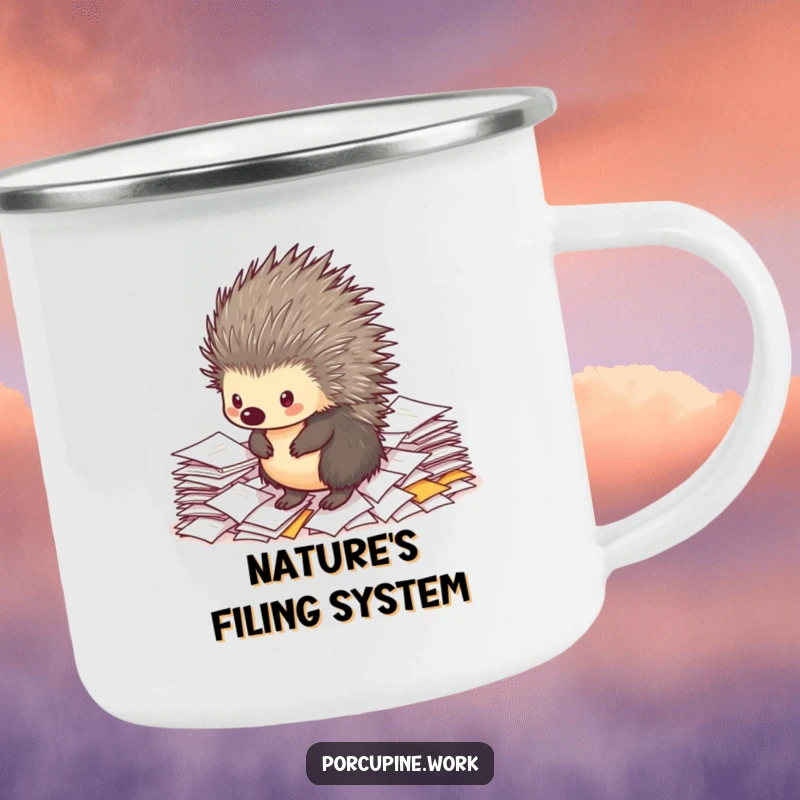 Funny porcupine camping mug depicting a rugged porcupine standing proudly on a pile of papers, perfect for outdoor humor enthusiasts.