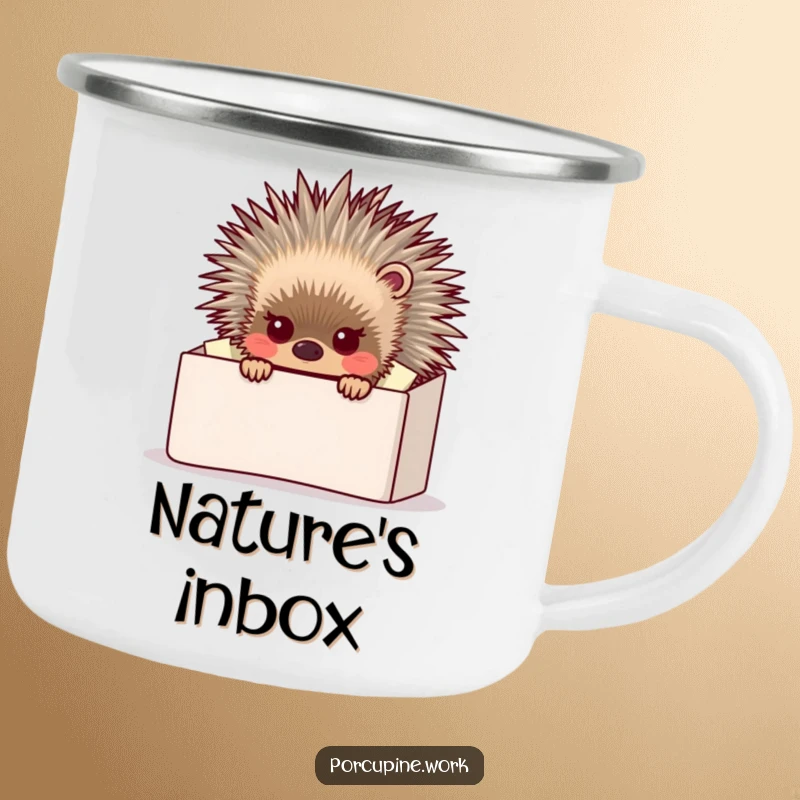 Funny porcupine peeking from behind a massive inbox, enjoying the outdoors with a camping mug. Humorous and durable.