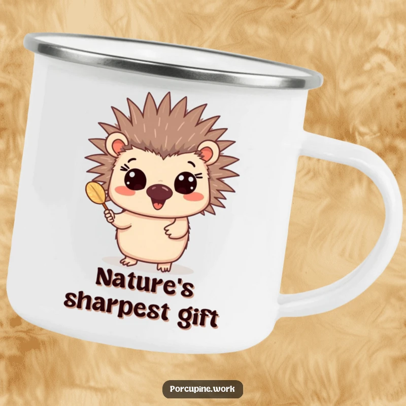 Funny quill porcupine camping mug showing a joyous porcupine with wide eyes offering a quill, great for outdoors.