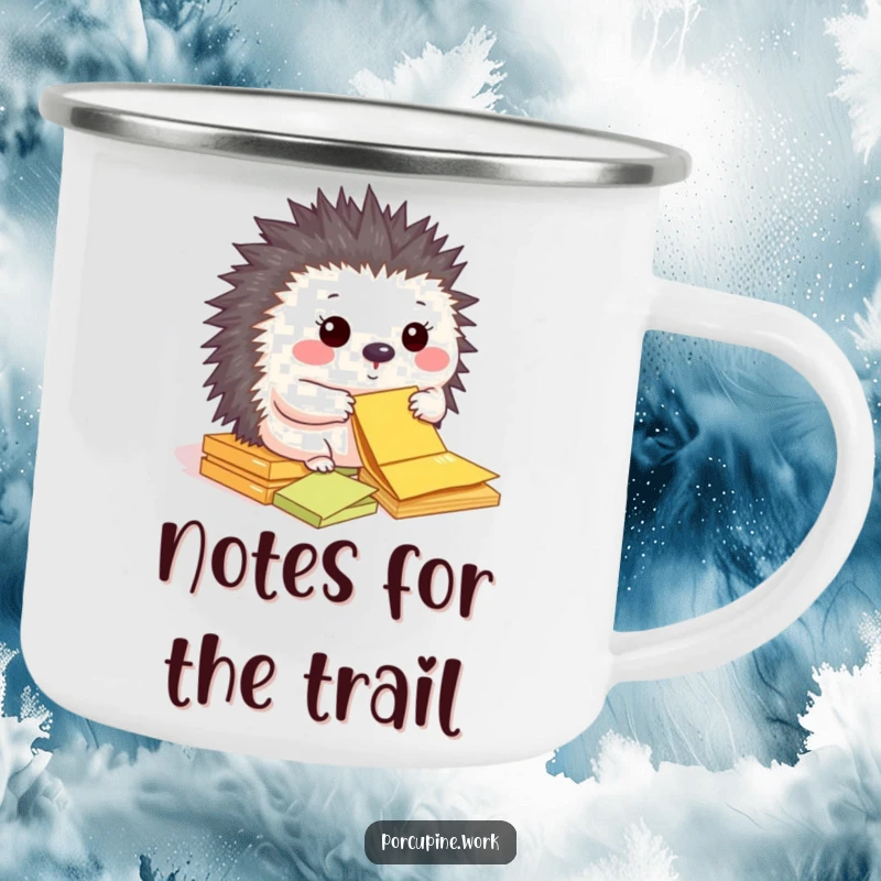 Funny camping mug with a happy porcupine organizing colorful sticky notes.