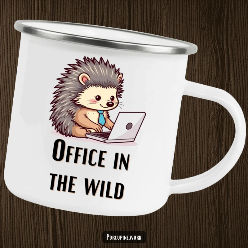 Funny camping mug with a porcupine wearing a tiny tie, typing energetically on a laptop, for humorous outdoor work sessions.