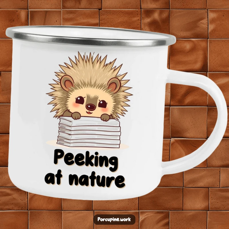 Funny camping mug featuring a porcupine curiously peeking over a stack of paperwork, perfect for hot beverages during adventures or work breaks.