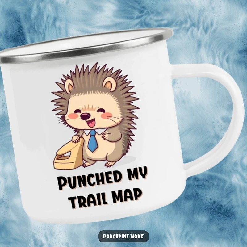 Funny porcupine wearing a tiny tie, enthusiastically using a hole punch, a humorous and durable enamel camping mug.