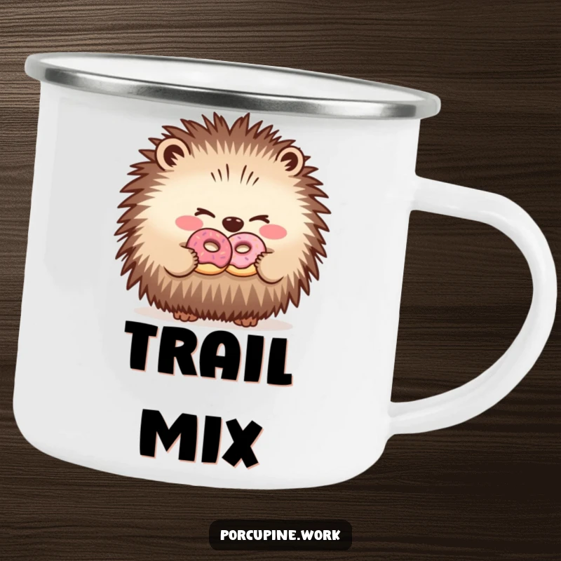 Funny camping mug featuring a porcupine winking while sharing a donut with a coworker, perfect for outdoor enthusiasts.