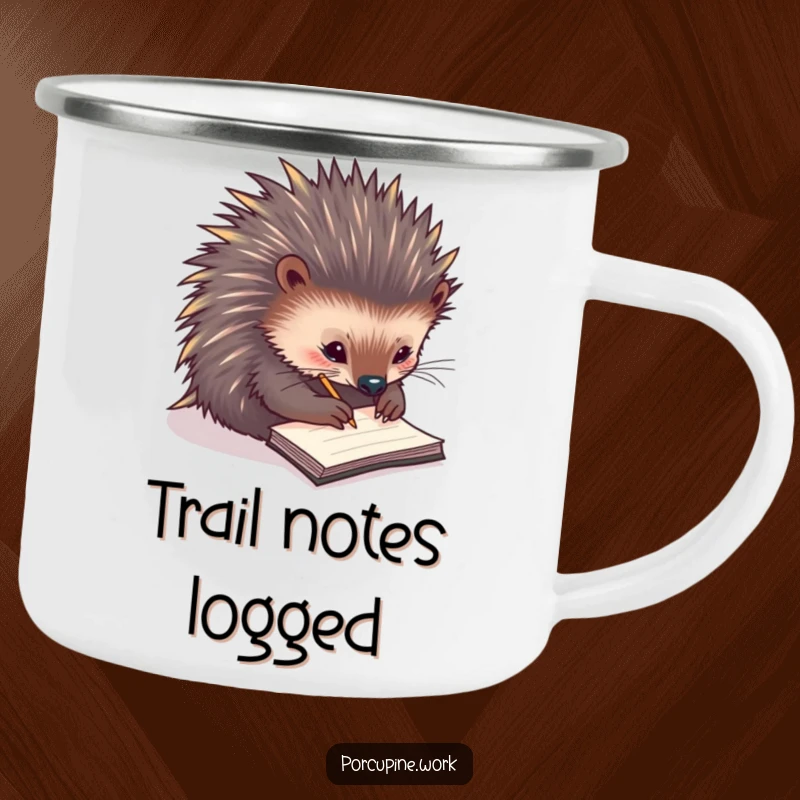Funny camping mug with a porcupine scribbling notes on a tiny notepad, designed for outdoor use and bringing humorous creativity.