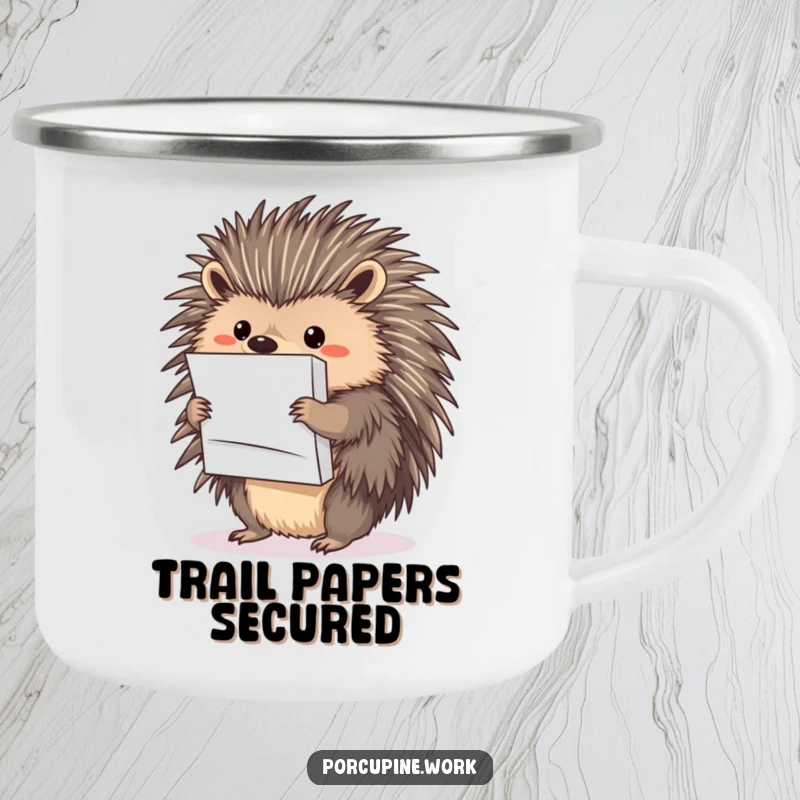 Funny porcupine balancing papers with its quills, on a rugged and humorous camping mug.