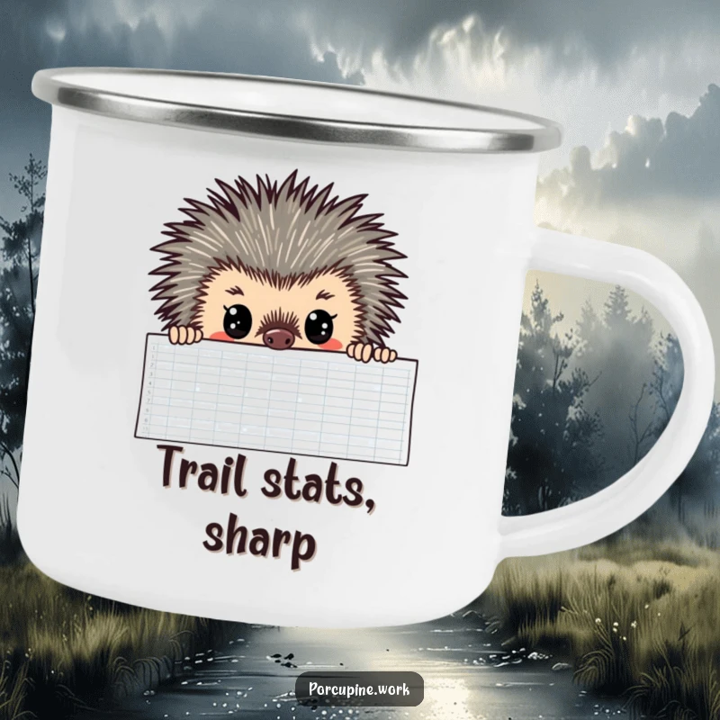 Funny Camping Mug showing a porcupine with wide, focused eyes looking over a spreadsheet, ideal for humorous, analytical outdoor enthusiasts.