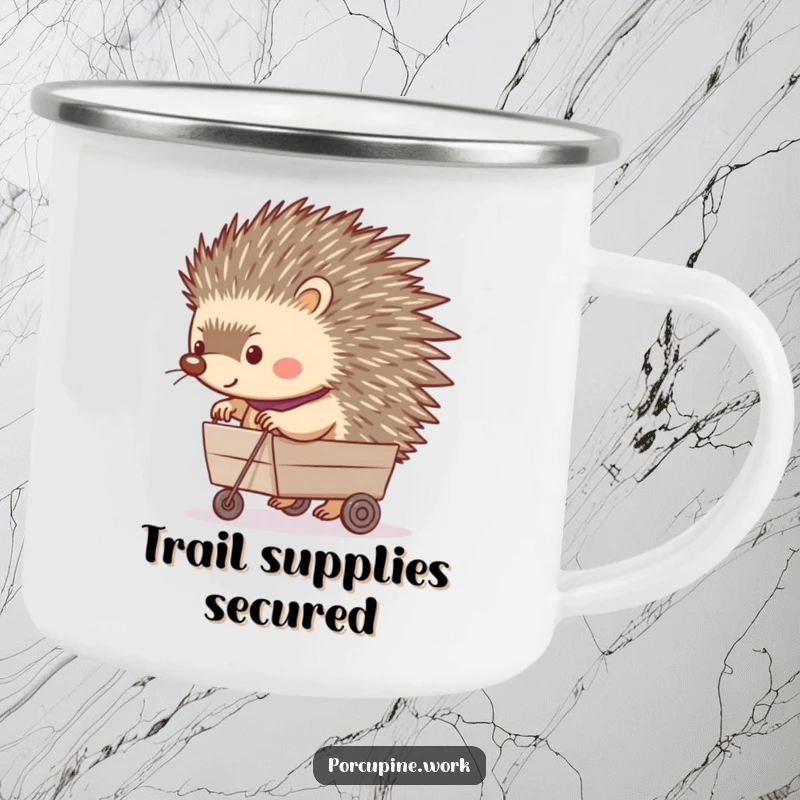 Funny camping mug with a porcupine happily pushing a tiny rolling cart, designed for outdoor enthusiasts who love humor and cheer.