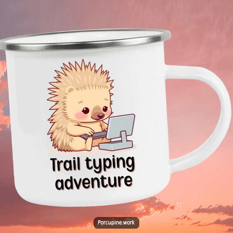 Funny porcupine struggling with a tiny keyboard, on a rugged and humorous camping mug.