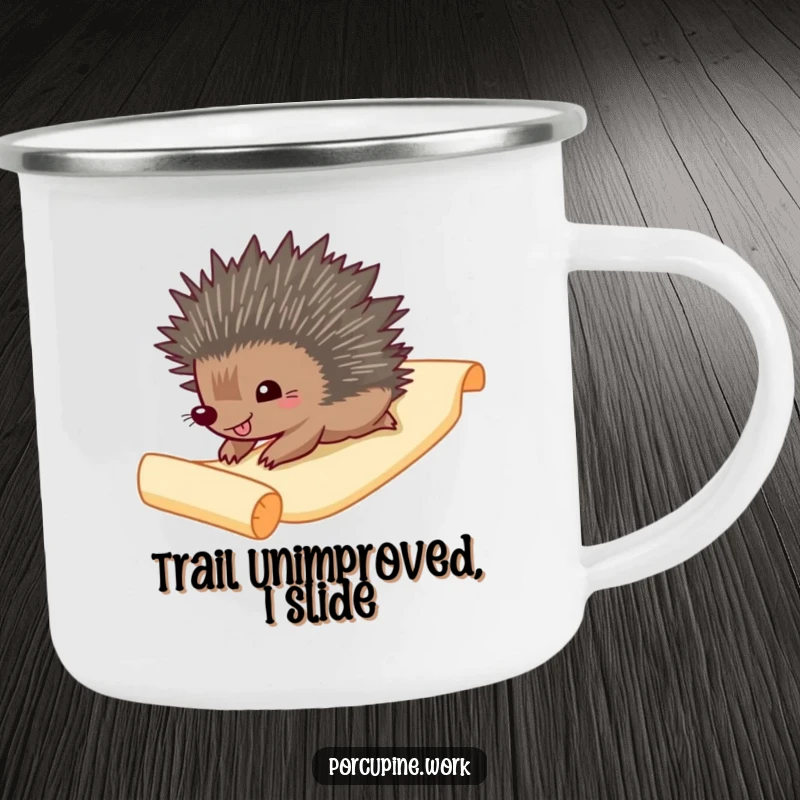 Funny Camping Mug: A gleeful porcupine slides down a paper scroll, perfect for campfire stories and humor.