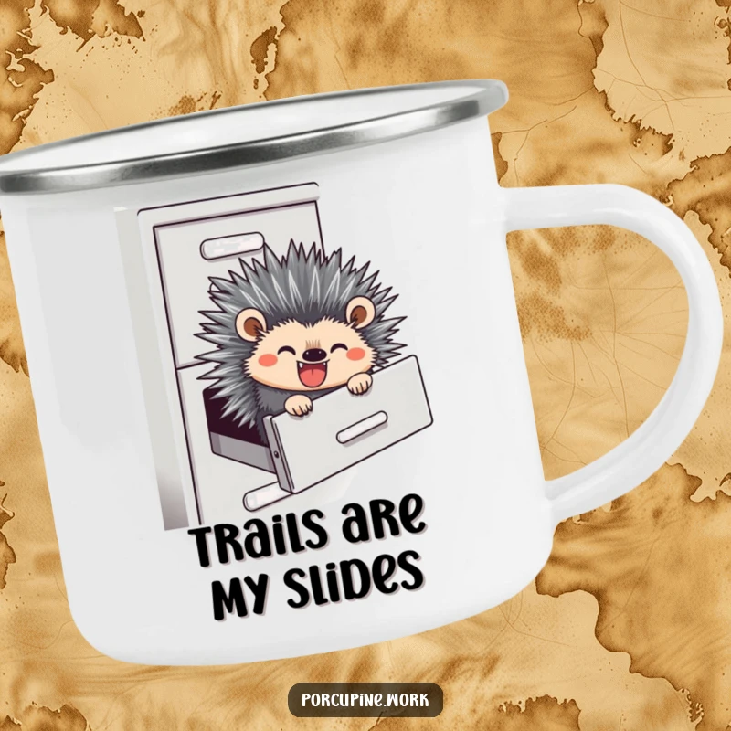 Funny camping mug with a porcupine sliding down a filing cabinet, perfect for enjoying drinks outdoors with humor.