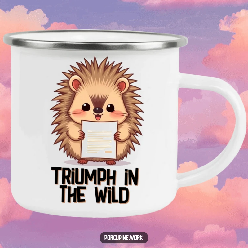 Funny porcupine enthusiastically presenting a document with pride, durable camping mug, celebrating outdoor success humorously.