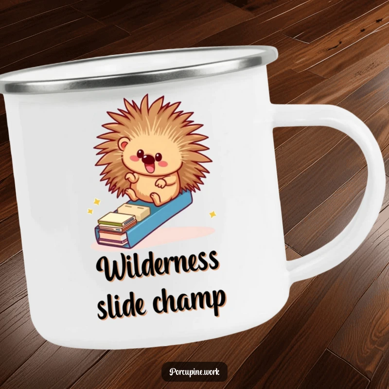 Funny camping mug featuring a porcupine joyfully sliding down a file folder ramp, perfect for hot beverages during adventures or work.