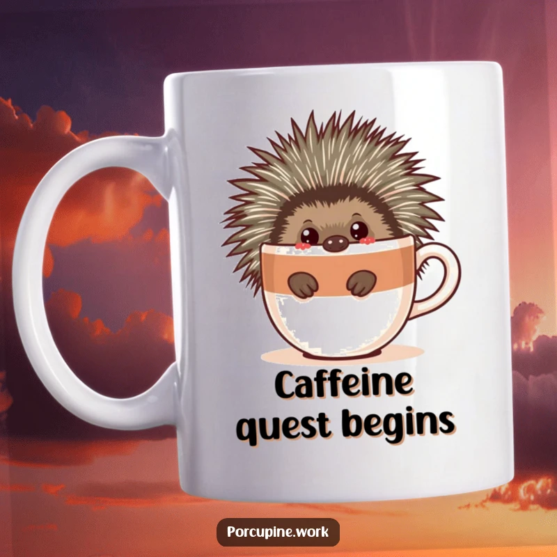 Funny mug featuring a cute porcupine peeking curiously around a giant, cartoonish coffee cup, expressing a love for caffeine.