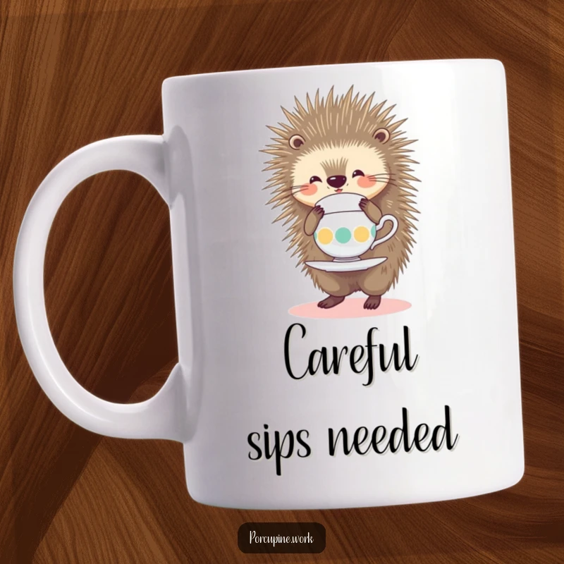 Funny Mug depicting a smiling porcupine precariously balancing a teacup on its sharp quills, capturing a moment of charming humor.