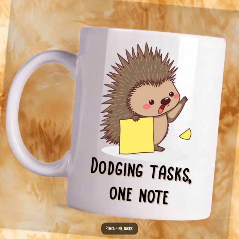 Funny mug with a porcupine playfully dodging a falling sticky note, depicting lighthearted office chaos.