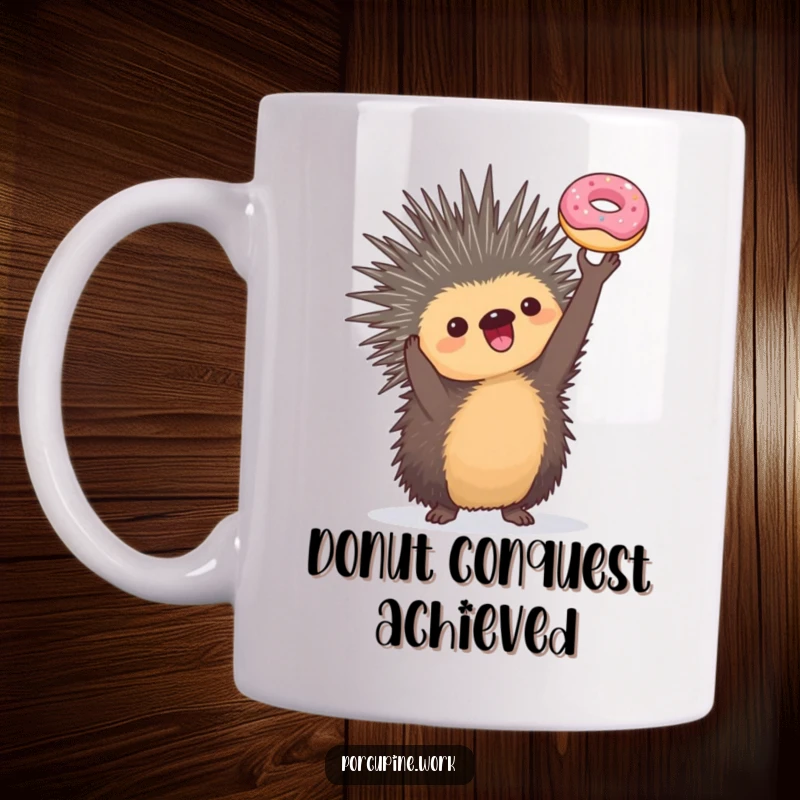 Funny mug showing a triumphant porcupine holding a tiny donut high in the air, celebrating a delicious win with joy.