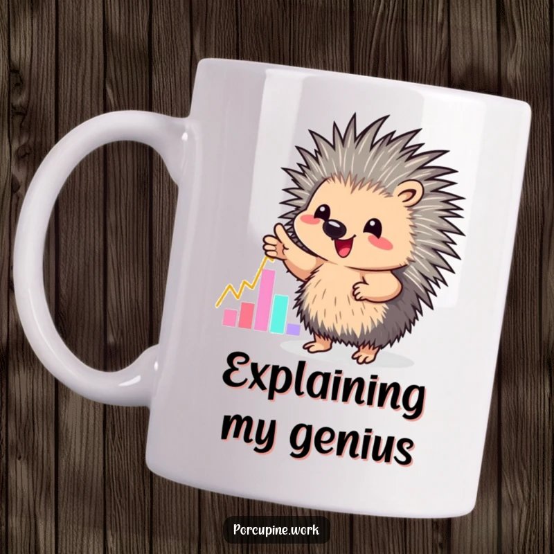 Funny mug showing a porcupine enthusiastically gesturing towards a vibrant, colorful graph, symbolizing growth and success.