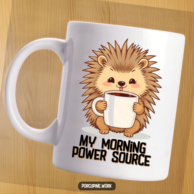 Funny mug showing a cheerful porcupine happily holding a large coffee mug, embodying morning joy and caffeine love.