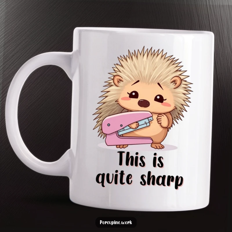 Funny porcupine holding a stapler, looking utterly confused by its function.