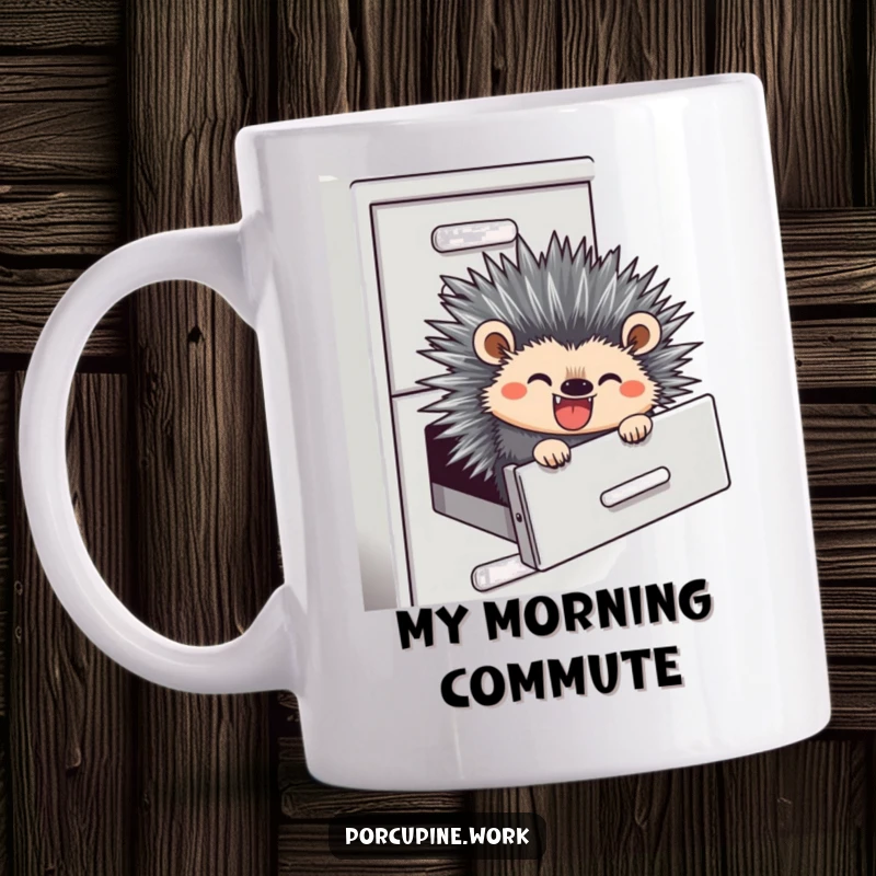 Funny mug showing a grinning porcupine gleefully sliding down a filing cabinet, escaping the daily grind.