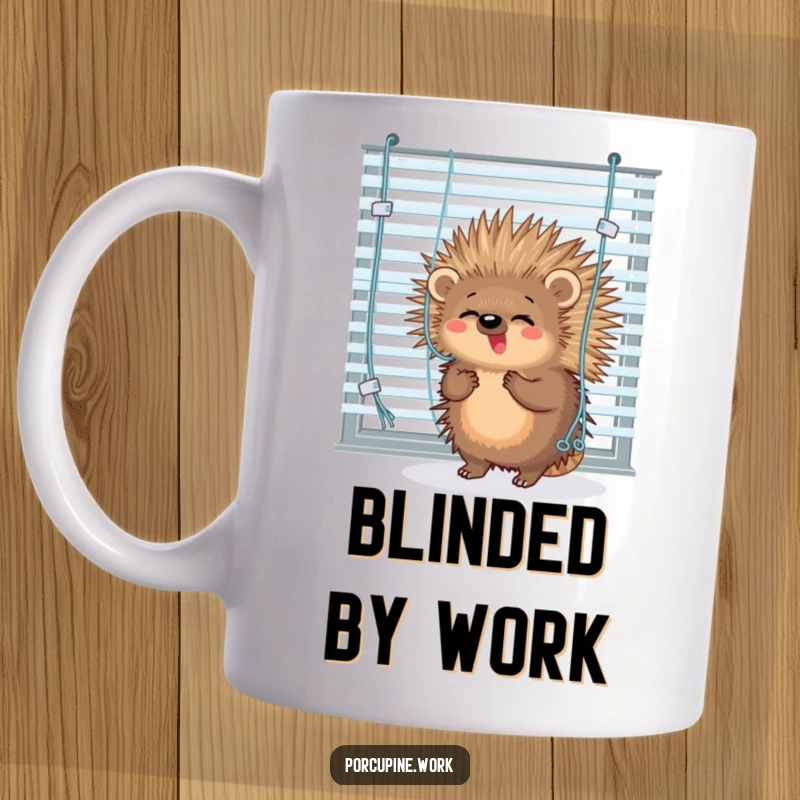 Funny porcupine comically tangled in dangling office blinds, symbolizing work struggles on a humorous mug.
