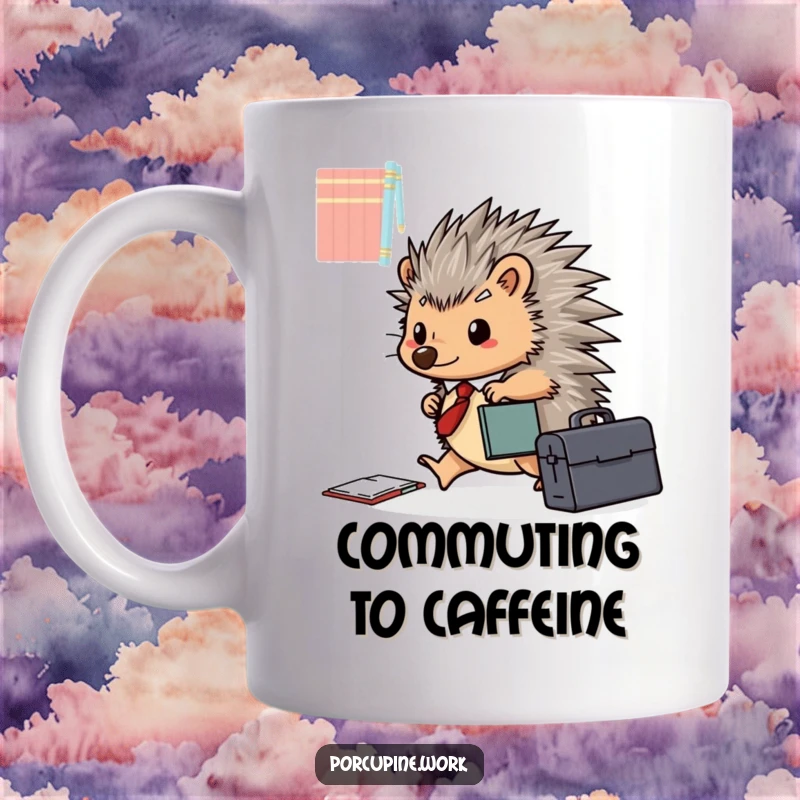 Funny porcupine with a briefcase happily scurries across a desk, embodying busy office life on this humorous mug.