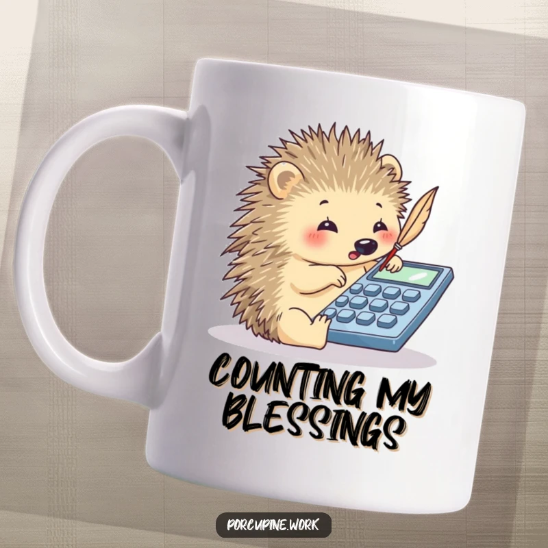 Funny porcupine playfully tapping a calculator with its quill, demonstrating a love for numbers on a humorous mug.