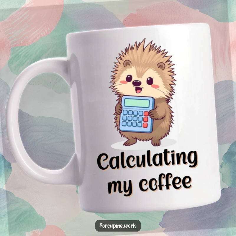 Funny porcupine triumphantly holding a small calculator, looking proud and accomplished on this mug.