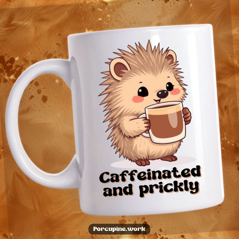 Funny porcupine holding a big coffee mug with a very pleased expression, looking content and happy on this mug.