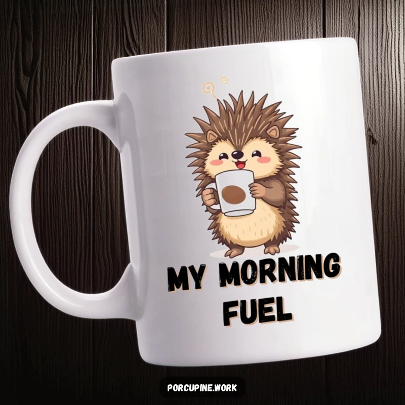 Funny porcupine triumphantly holding a steaming coffee mug with a visible steam plume, celebrating coffee on a mug.