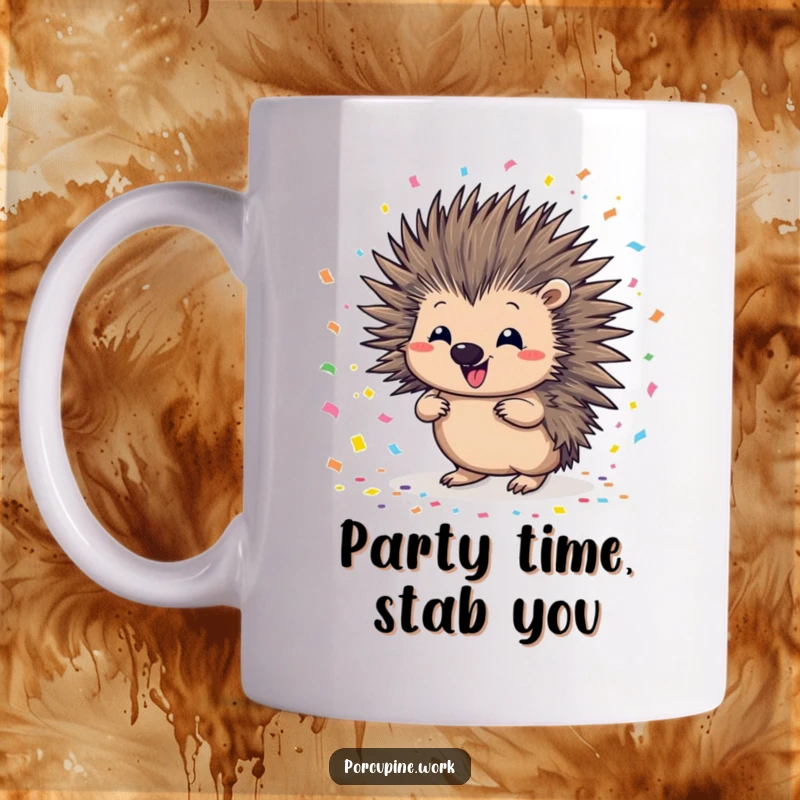Funny porcupine mug showcasing a porcupine with a mischievous grin, scattering colorful confetti with pure glee and party spirit.