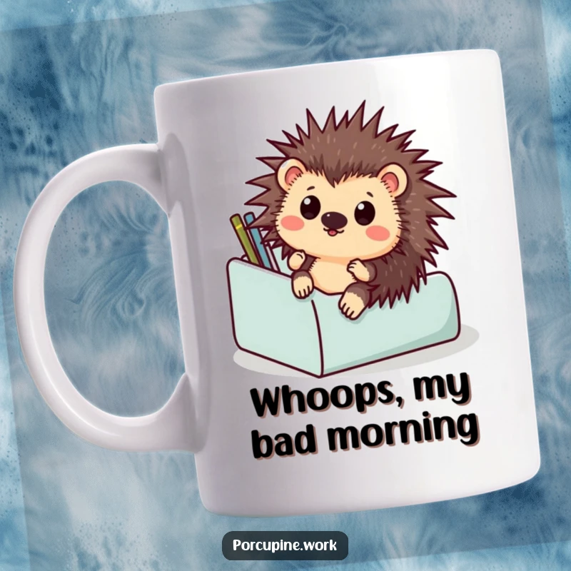 Funny mug with a surprised porcupine comically sliding down a desk organizer, capturing office chaos and relatable stress.
