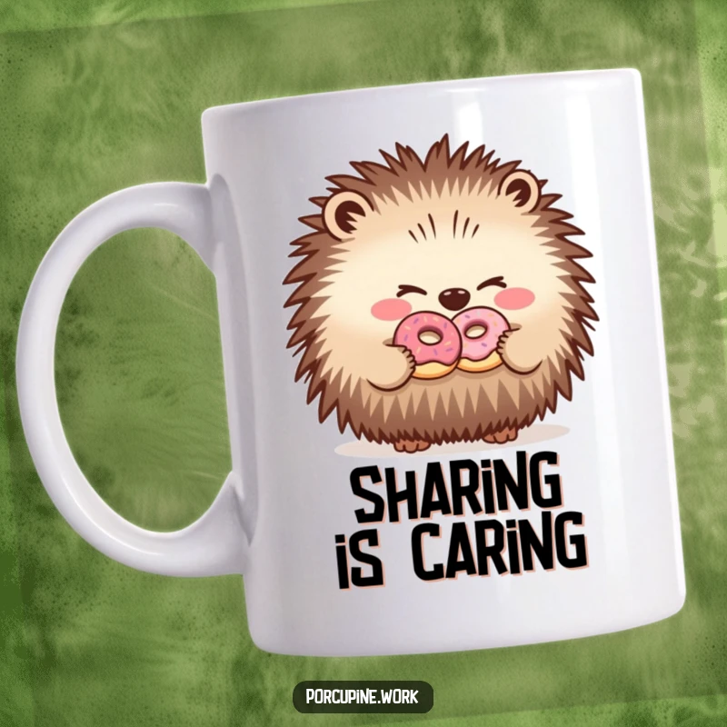 Funny mug featuring a porcupine winking as it shares a tiny donut with a coworker, showcasing office friendship humor.