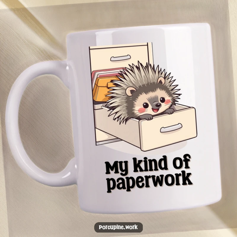 Funny mug featuring a porcupine gleefully sliding down a filing cabinet drawer, capturing a moment of pure, unadulterated office joy.