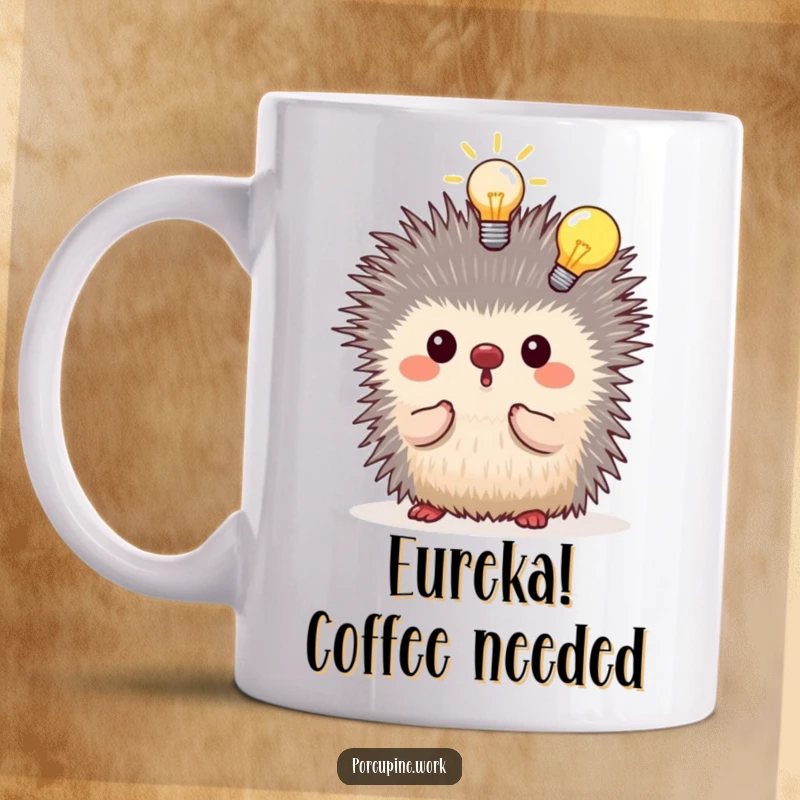 Funny porcupine having a lightbulb moment above its head, looking inspired and bright, perfect gift for innovators.