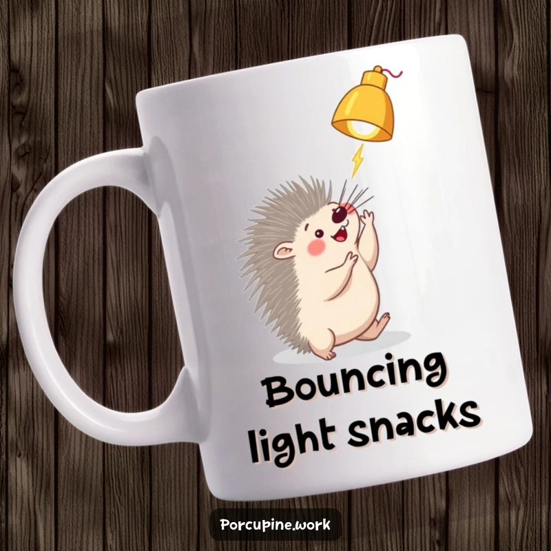Funny porcupine mug showing a porcupine playfully batting its paw at a dangling desk lamp, full of curious energy and mischief.