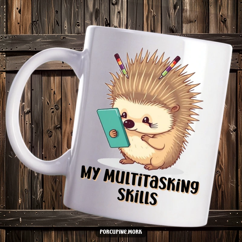 Funny porcupine carefully balancing office supplies on its quills, looking skilled and precarious, perfect gift for office workers.