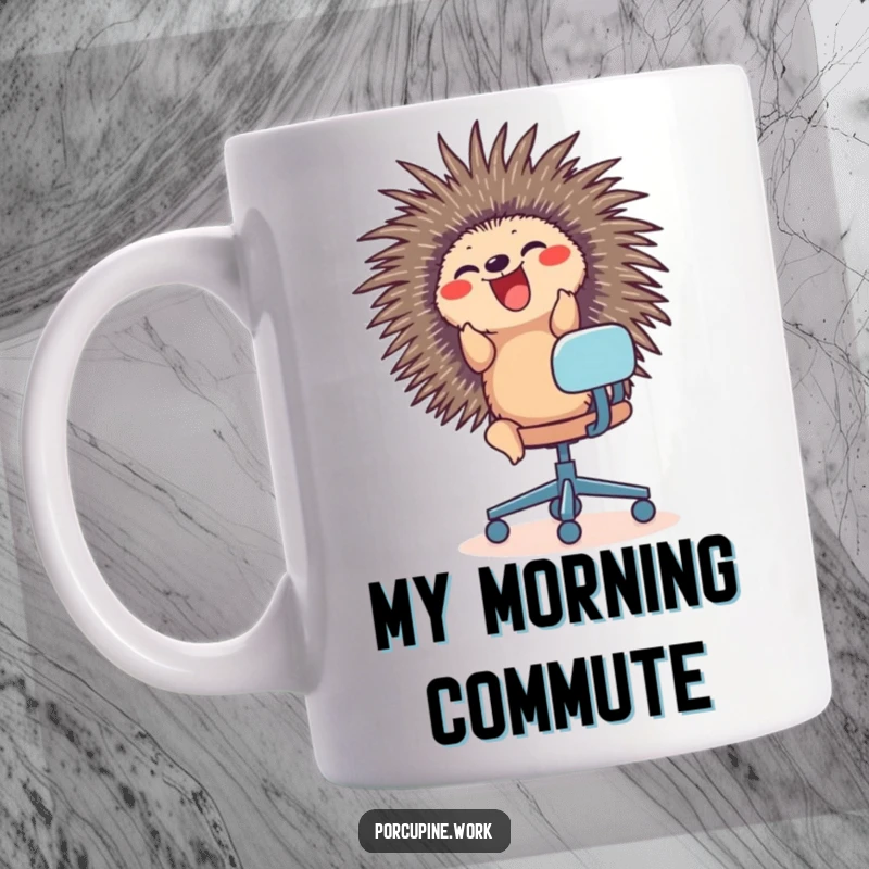 Funny mug featuring a porcupine joyfully riding an office chair with glee, perfect for desk humor and office life.