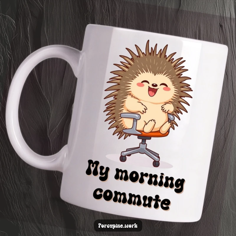 Funny mug depicting a porcupine gleefully riding a rolling office chair, capturing the exhilaration of office speed and fun.
