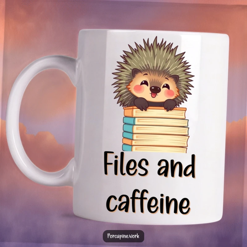 Funny porcupine peeking over a huge stack of office files with an amused expression, looking mischievous on this mug.