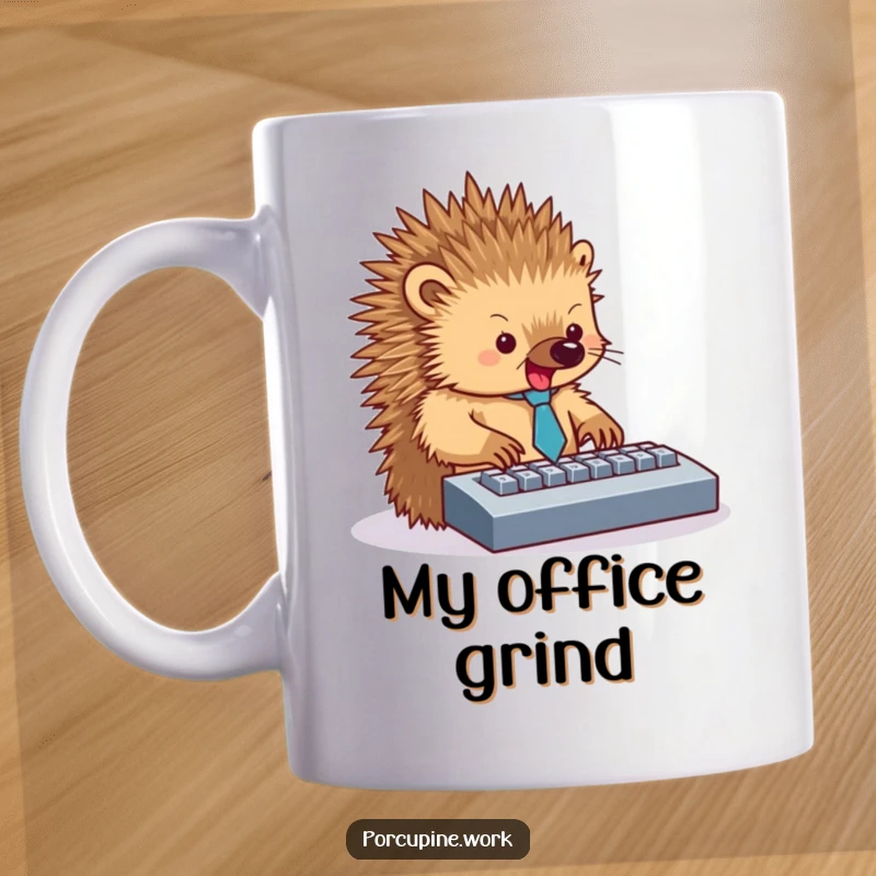 Funny mug depicting a porcupine in a tiny tie, typing furiously and enthusiastically on a computer keyboard.