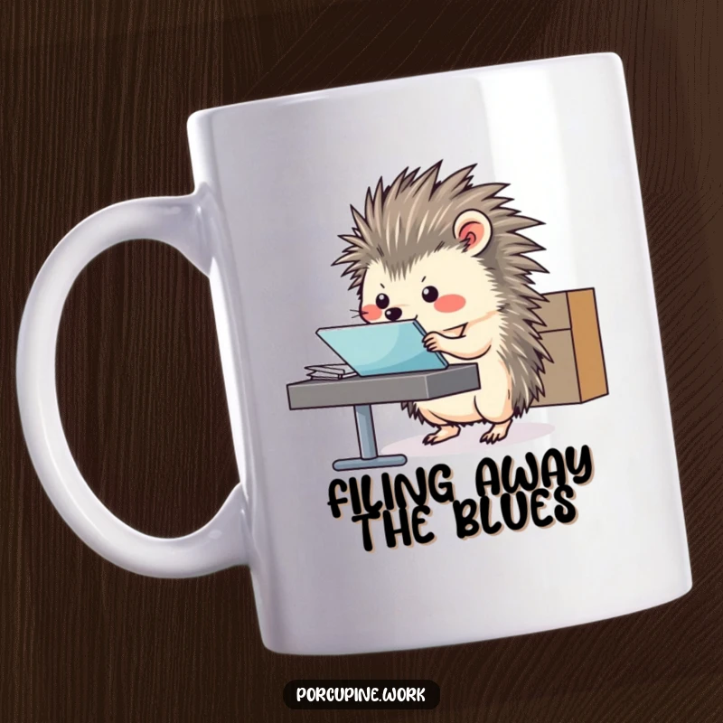 Funny Mug showing a porcupine efficiently sliding a file folder across a desk with a professional flourish.