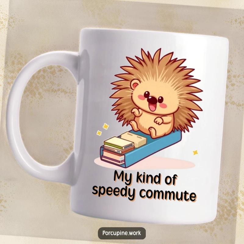 Funny mug featuring a gleeful porcupine sliding down a ramp made of manila file folders, expressing pure office delight and humor.