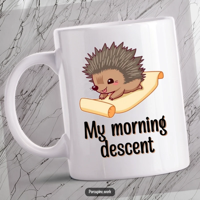 Funny Mug: A gleeful porcupine joyfully slides down a winding paper scroll, embodying office chaos and fun.