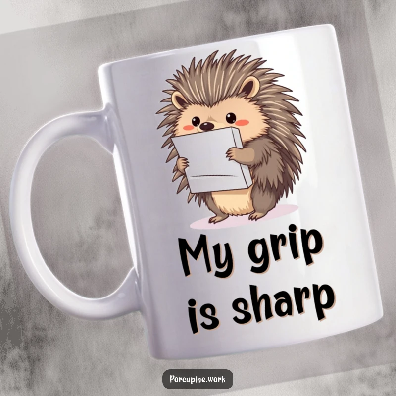 Funny porcupine balancing a tall stack of papers using its quills, looking stressed but determined.