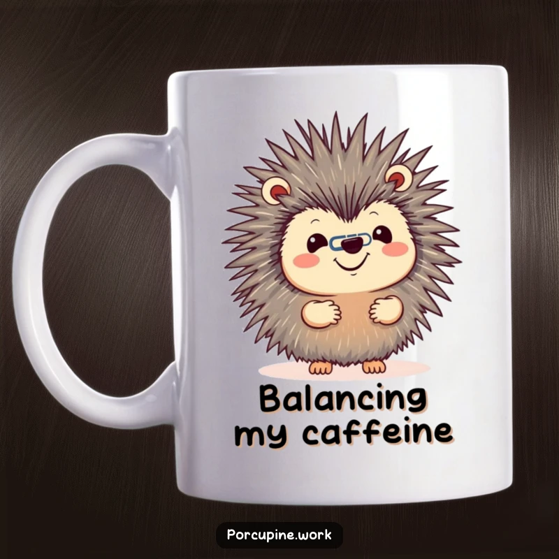 Funny mug featuring a porcupine with a cheerful grin expertly balancing a single paperclip on the tip of its nose, showcasing office skill.